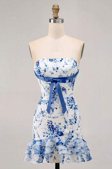 White Blue Flower Bodycon Strapless Printed Short Party Dress